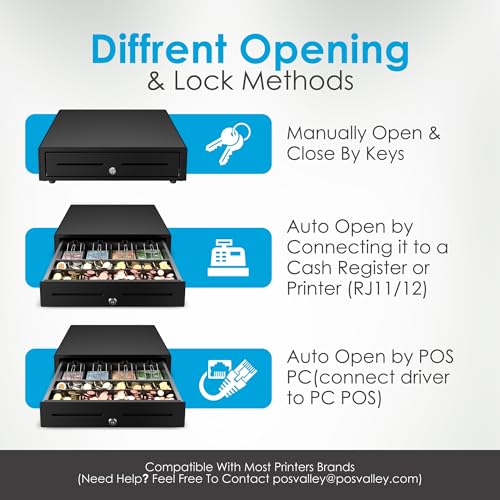 POS VALLEY Kassenschublade - Professionelle, Elektrisch (RJ11-12) / Manuell Öffnen - 4 Scheinfächer / 8 große Münzfächer (Euro), 41x41cm, Schwarz - Kassenlade
