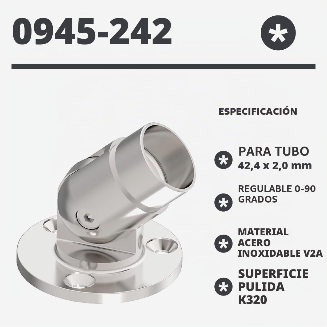 Sellon24® Brida de pared de acero inoxidable con articulación V2A 42,4, accesorio de barandilla, brida de 0 a 90 grados, pasamanos, tubo de escaleras regulables, conector de brida de tubo, brida, tubo