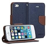 iPhone 5S Case, GMYLE Wallet Case Classic for iPhone 5C 5 5S - Denim Blue & Mud Brown Cross Pattern PU Leather Slim Magnetic Flip Stand Cover