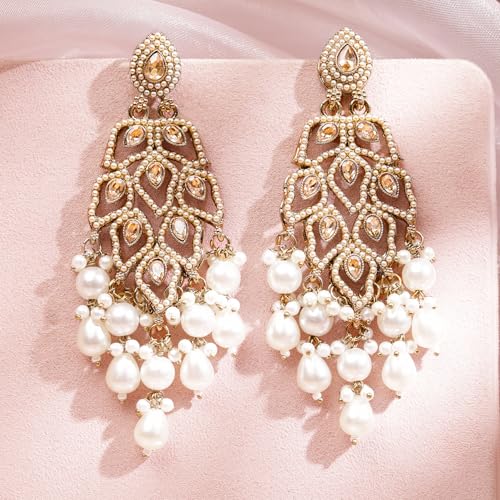 Image of Rubans Long Dangler Earrings Kundan & Pearl Ethnic Jewellery Gift for Women & Girls