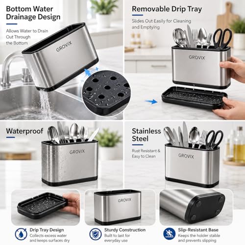 Image of Stainless Steel spoon holder for kitchen counter top | Spoon stand for kitchen steel | Cutlery Stand with Plastic Divider | Rust Resistant Fork Knife spoon organiser for kitchens
