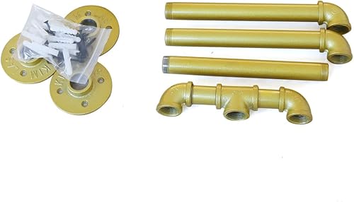 Miniatura 7 de Estante de ropa industrial de 71 pulgadas montado en la pared con sistema de estantes colgantes, estante de ropa dorado para boutique, exhibición al