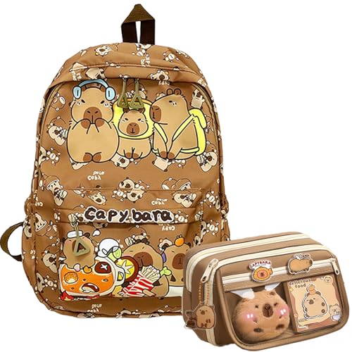 Cute Capybara Backpack with Chic Large Case and More Pins Ita Bag Kawaii Cartoon Large Capacity Mochila De Gift (Brown)
