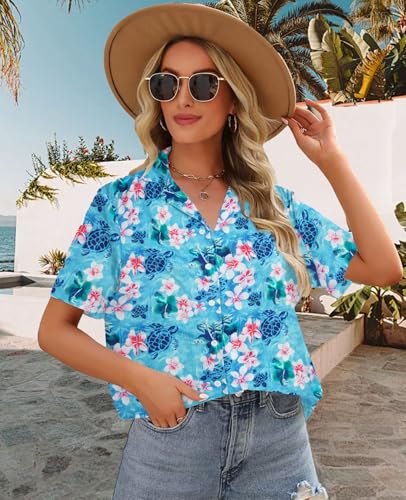Womens Hawaiian Shirt Hawaii Button Down Shirts Palm Floral Tropical Vacation Outfits Casual Summer Trip Blouse Top4