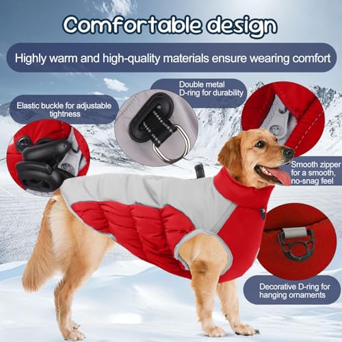 Wintermantel für GroBe Hunde, XL - 5XL Hundemantel Grosse Hunde, Große Reflektierende hundejacke Winter Haustier Rollkragen, Wintermantel Hund e Schnee geeignet, Rot,5XL