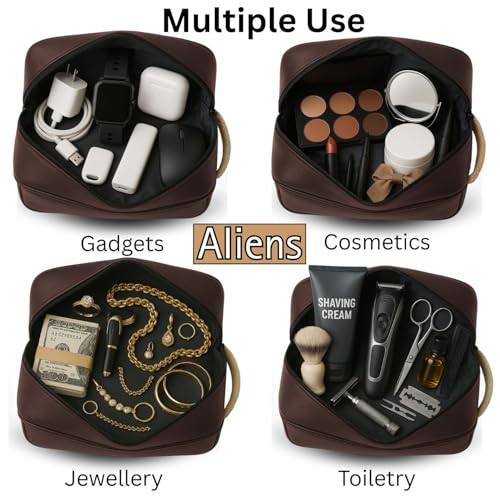 Image of Aliens Multipurpose Travel Organizer Vegan Leather Pouch for Men and Women, Hanging Dopp Kit, Water-Repellent Bag for Toiletry, Shaving Kit, Cosmetics & Makeup, Jewellery, Gadget, Accessories-Brown