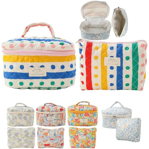 Makeup Bag Travel Essentials Quilted Cosmetic Toiletry Pouch Organizer Insert for Women Dorm Room Essential Gift Large Capacity Opening Lightweight Cute Aesthetic Portable 2PCS (Colorful Dots)