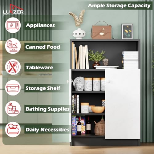 Image of Lukzer 4-Tier Kitchen Organizer Rack & Storage Cabinet (SR-003 /Black) Engineered Wood Multipurpose Kitchen Rack & Storage Shelf with Door, Modern Pantry Cabinet for Dining & Living Room (92x30x60 cm)