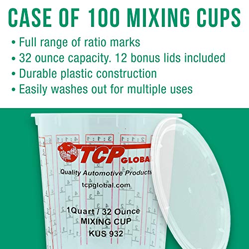 (Full Case Of 100 Each - Quart (32Oz) Paint Mixing Cups) By Custom Shop - Cups Are Calibrated With Multiple Mixing Ratios (1-1) (2-1) (3-1) (4-1) (8-1) Box Of 100 Cups Includes 12 Bonus Lids Epoxy Resin #TOP4
