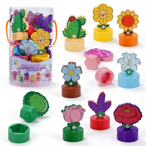 Image of TSYAN Montessori STEM Toys Gift for Toddlers, Bloomy Flora Shape Color Number Sorting Matching Game, Educational Fine Motor Skills Learning Flower Blocks with Storage Tube for Boys Girls 2-4 Year Old