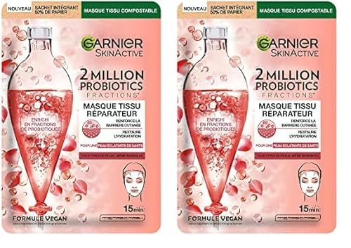 GARNIER Skin Active - Masque Visage Tissu 2 Million Probiotics - Masque Réparateur - Éclat & Hydratation - Enrichi en Fractions de Probiotiques - Vegan & Cruelty Free - Tous Types de Peaux - x1