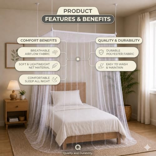 Image of Single Bed Mosquito Net 4x6.5 Feet | Hanging Mosquito Net for Single Bed | Fine Mesh Protection Net for Adults & Kids | Easy Installation | White