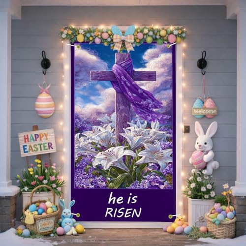 Image of Easter Door Cover He is Risen Cross Purple Lily Door Banner Scripture Easter Door Covers for Front Door Religious Easter Door Decorations 35x71 Inch