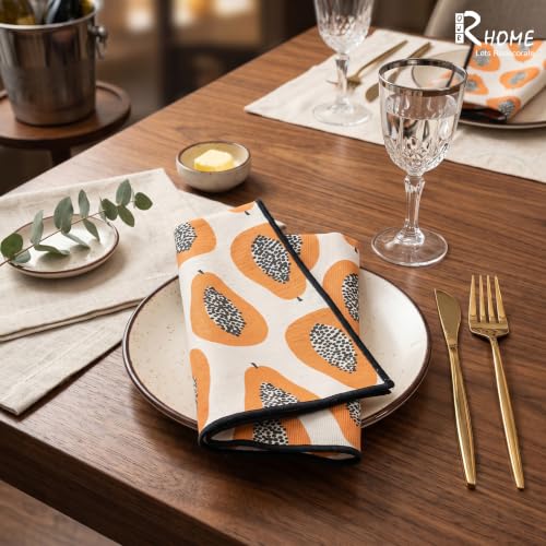 Image of Papaya Printed Cotton Napkins Set of 12 | 16 x 16 Inch (40 x 40 cm) | 100% Cotton with Peko Border | Reusable Cloth Dining & Cocktail Napkins | Machine Washable | Tropical Fruit Print