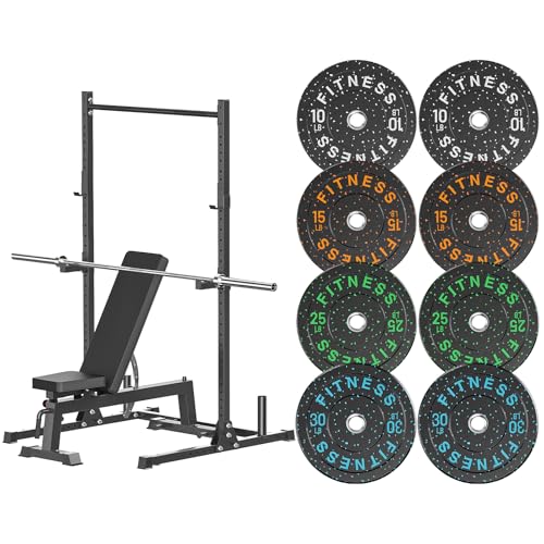 papababe Power Squat Rack Set with 160LB High Bounce Bumper Plates, 7 FT Olympic Barbell & Adjustable Weight Bench, Home Gym Weight Lifting Rack Equipped with J-Hooks