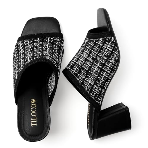 Image of Tilocow Knit Heeled Sandals for Women Square Open Toe Heeled Mules Chunky Block Low Heel Slip On Slides