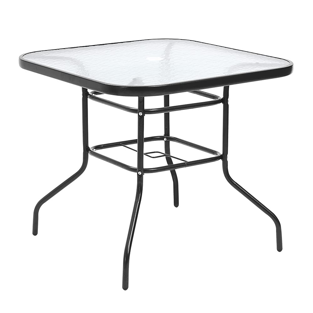 Panana 80cm Outdoor Glass Table with Parasol Hole, Square Garden Dining Table Coffee Table, Tempered Safety Glass Top & Powder-Coated Metal Frame for Patio Conservatory