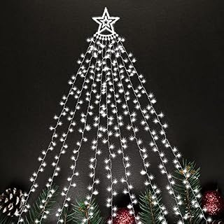 SALCAR Outdoor Christmas Lights, 3.5m x 9 Strands Star Fairy Lights with a 30cm Topper Star, 350 LED 8 Lighting Modes Christmas Decorations for Indoor Outdoor Garden Yard Tree Decor - Cool White