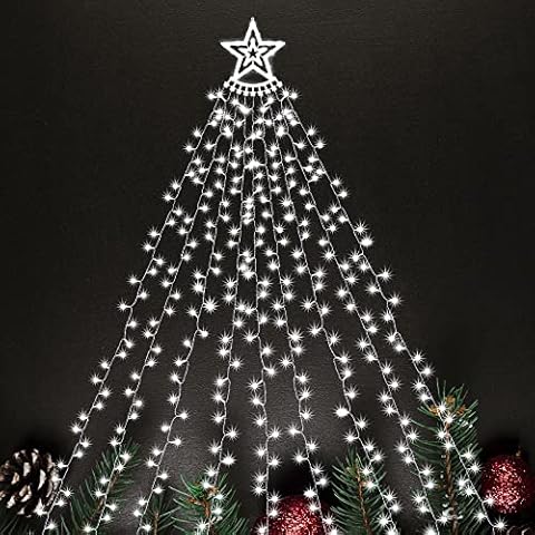 SALCAR Outdoor Christmas Lights, 3.5m x 9 Strands Star Fairy Lights with a 30cm Topper Star, 350 LED 8 Lighting Modes Christmas Decorations for Indoor Outdoor Garden Yard Tree Decor - Cool White Cover