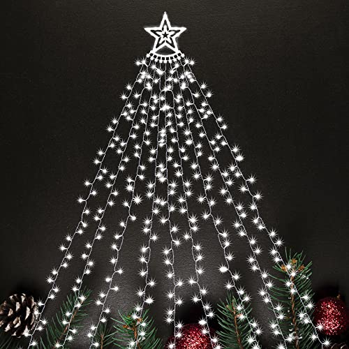 SALCAR Outdoor Christmas Lights, 3.5m x 9 Strands Star Fairy Lights with 30cm Star Topper, 350 LEDs, 8 Lighting Modes Christmas for Indoor, Outdoor, Garden & Yard Tree Decor, (Cold White, 3.5m)