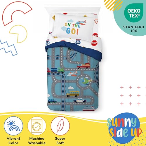 Image of Sunny Side Up On The Go Twin Comforter Set - 5 Piece Kids Bedding Includes Comforter, Sheets & Pillow Cover - Super Soft Vehicles Microfiber Bed Set