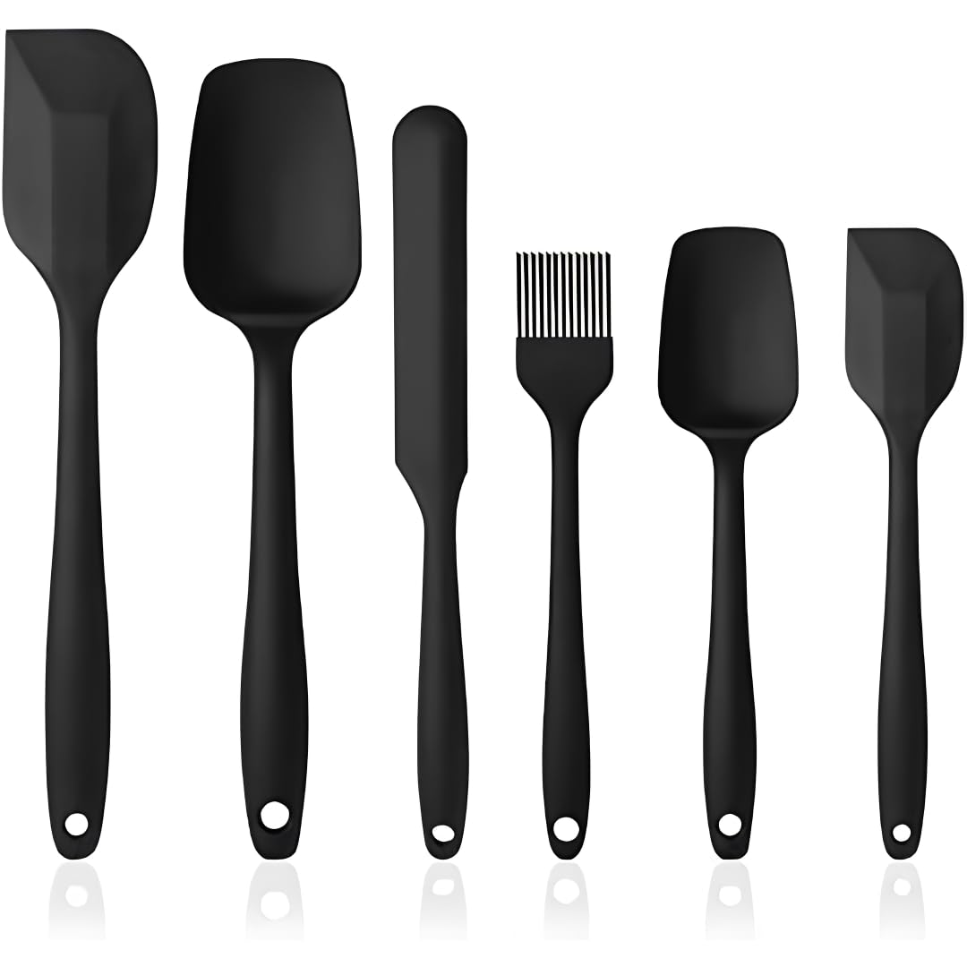 Silikon Spatula Seti 6 Parça - Isıya Dayanıklı Yapışmaz Tek Parça Isıya Dayanıklı Siyah Mutfak Gereçleri Seti, BPA İçermez Bulaşık Makinesinde Yıkanabilir Hamur ve Yemek Spatulası