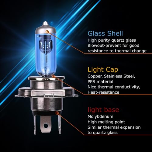Sinoparcel H4/9003 Halogen Headlight Bulbs White 5000K, High and Low Beam, Brighter Replacement for Standard 60W/55W Light, Pack of 2