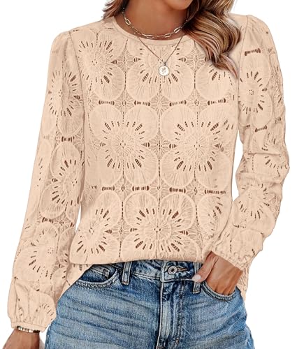 Image of OFEEFAN Blouses for Women Dressy Casual Spring Tops 2026 Summer Outfits Flower Lace Crochet Long Sleeve Shirts