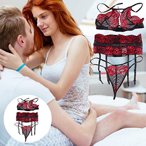 ARTIBETTER 3 Peças Femininas de Lingerie Halter Sutiã Sexy Calcinha G String Cinta-Liga de Renda Bod