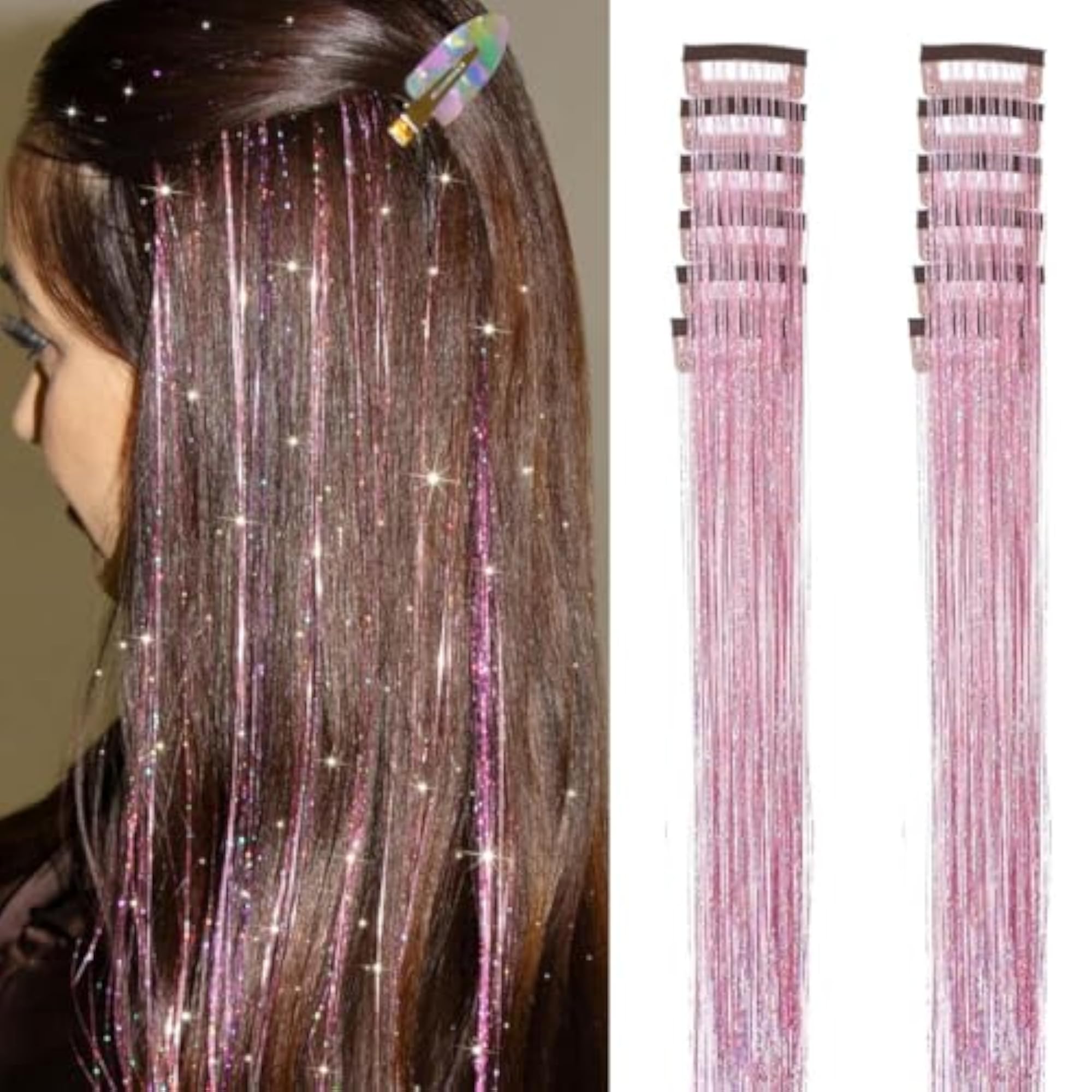 12PCS Tinsel Hair Extensions Glitter, Pink Tinsels for Women