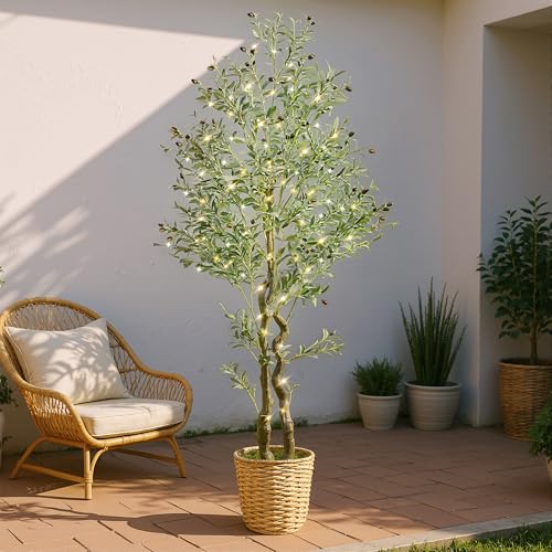 KOL 7ft Artificial Olive Tree with 10&rsquo;&rsquo; Woven Basket, Realistic Fake Faux Plant with Waterproof...