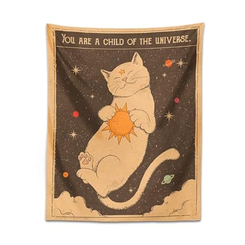 THCBD Sun Moon Tarot Katze Wandteppich Wand Hängende Hexerei Böhmen Heimdekor Hippie Schlafzimmer Dekoration, 95X73cm