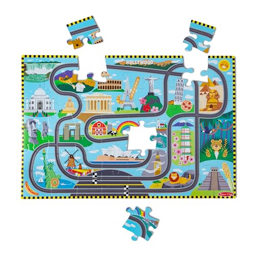 Melissa & Doug Race Around the World Tracks Cardboard Jigsaw Floor Puzzle and Wind-Up Vehicles, Multi-color - Image 4