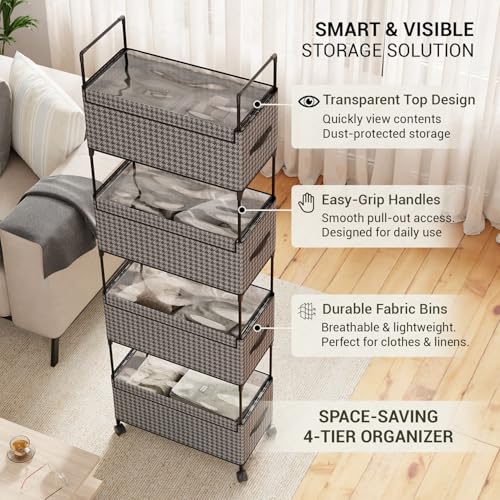 Image of Lukzer 4-Tier Clothes Organizer Basket with Wheels | Black & White Fabric with Metal Rolling Storage Shelf for Folded Clothes & Towels | Multipurpose Rack for Bedroom Closet & Laundry Room
