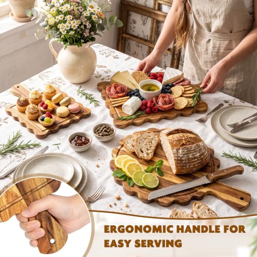 3 Pcs Wood Scalloped Cutting Board with Handle, Acacia Charcuterie Board Set Decorative Cutting Boards for Kitchen Counter Decor, Large Scalloped Edge Cheese Serving Tray for Party & Housewarming Gift - Image 4