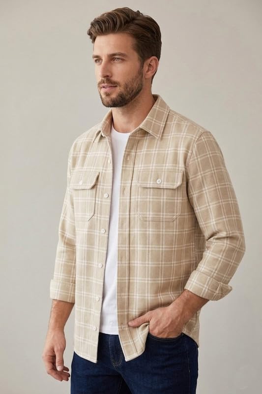 Image of DEELMO Men's Stylish Cotton Blend Casual Chakes Shirt || Full Sleeve Shirt with Dual Flap Pockets Fabric || Perfect for Casual and Classic Fit & Style || Stylish Everyday Wear