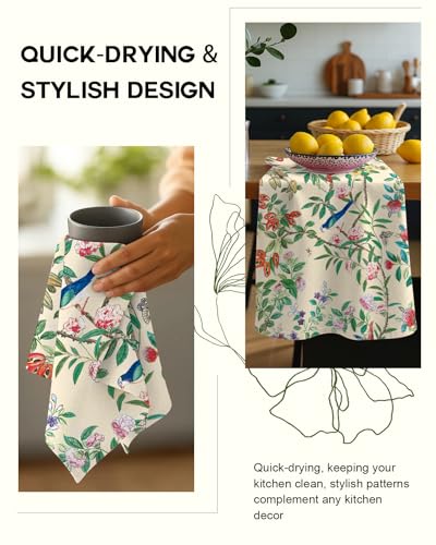 Image of Miss Adola 150GSM Flour Sack Kitchen Towels Set of 2, Bird on Branch | 18 inchx26 inch, Lightweight, Lint-Free, Pure Cotton, Decorative, with Hanging Loop, Absorbent, Softer after Wash, Giftable Package