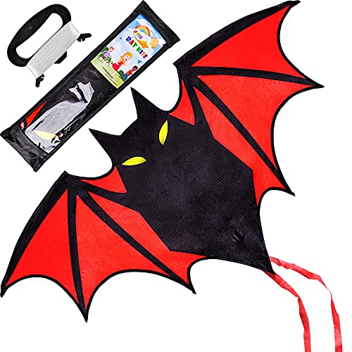 JOYIN Bat Kite with Red Tail, Easy to Fly Kite for Adults and Kids with 262.5 ft Kite String, Beach Kite for Outdoor Games and Activities Revised Version-Flown Easily