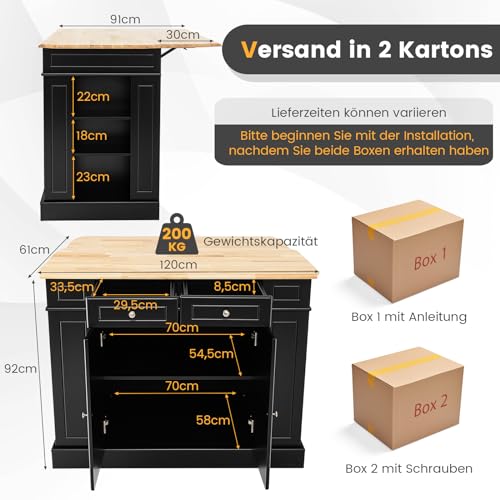 COSTWAY Wyspa kuchenna z rozszerzalnym blatem roboczym, szafka kuchenna z szufladami, półkami bocznymi i 2 poziomami do przechowywania, drewno, 120 x 91 x 92 cm (czarna)