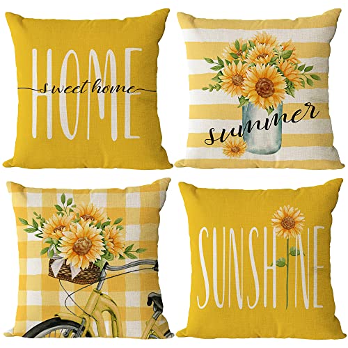 YeeJu Set of 4 Sunflower Pillow Covers 18x18 Spring Summer Pillow Covers Yellow Floral Throw Pillow Covers Cushion Covers Square Pillow Cases for Couch Sofa Patio Outdoor Home Decorations(18 Inch)
