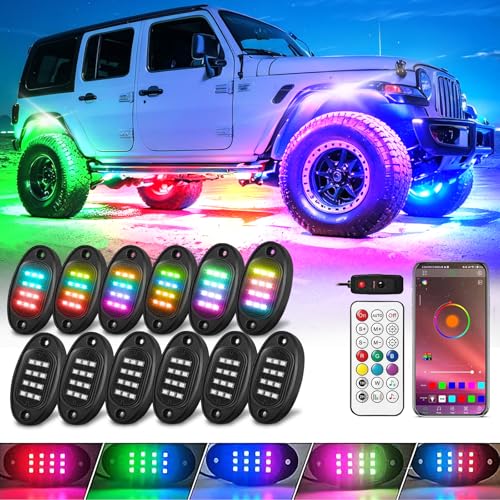 Tde Explorer.Lighting CAR-DREAN COLOR POD LIGHT 12 Pods Rgb+Ic Led Rock Lights For Trucks Golf Cart Atv Utv Suv Offroad, Smart Sync Music Chasing Rock Lights With App/Rf Control, Waterproof Dream Color Car Underglow Kit Vehicle Underbody Light cover