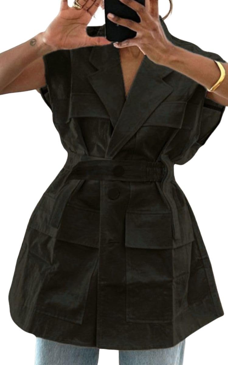 Women's Sleeveless Blazer Vest Long Open Front Cargo Vest Top Oversized Casual Cardigan Jacket with Belt