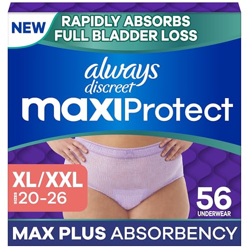 Always Discreet MaxiProtect Adult Diapers for Women Incontinence Underwear Scented Postpartum Essentials Bladder Leak Protection Disposable Briefs Maximum Plus Absorbency Size XL/XXL 56 Count