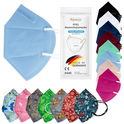 TubeRoo FFP2 Maske Hellblau Blau Pastellblau 10 Stück Masken aus Deutschland Made in Germany weiche runde Ohrschlaufen Bänder Atemschutzmaske Mundschutz Schutzmaske Staubmaske Feinstaubmaske
