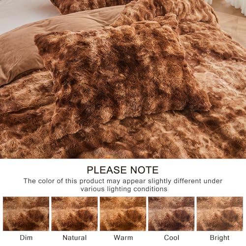 Image of EMME Faux Fur Duvet Cover Queen Size, 3 Pieces Ultra Soft Fluffy Comforter Cover, Cozy Warm for Winter, Luxury Shaggy Bubble Design Bedding, 1 Duvet Cover & 2 Pillow Shams (Queen, Tie Dye Brown)