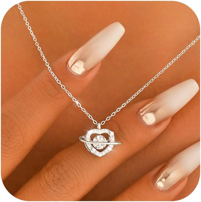 925 Sterling Silver Heart Planet Necklace for Women,Dainty Cubic Zirconia Love Heart Star Choker Necklace for Mother Daughter Cute Birthstone Crystal Pendant Necklace Jewelry Gift for Valentine's Day