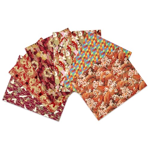 Tissus Couture Rouge 6 Pièces,Oriental Style Tissu Matelassé Asiatique 50 x 40cm,Patchwork Tissu Japonais Fish Blossom Wave Dragon Fabric Pour La Couture...