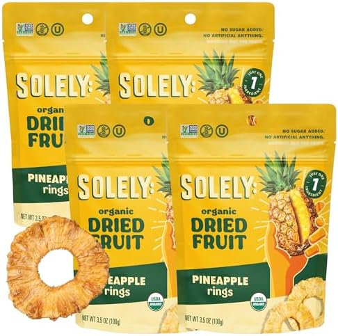 SOLELY - Organic Dried Pineapple Rings (3.5 oz Resealable Bags, Pack of 4) - Real Fresh Fruit - 1 Ingredient - Healthy Snacks for Adults & Kids - Non GMO, Vegan Snacks, Shelf Stable - 4 Bags (14 oz)