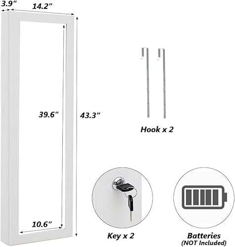 Miniatura 8 de Armario de joyería con espejo de 6 LED, organizador de joyas con cerradura para montar en la paredpuerta con espejo de longitud completa, espejo con