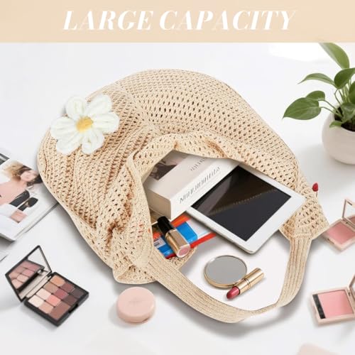 Image of PALAY Tote Bag for Woman Crochet Mesh Beach Shoulder Bags with Flower Brooch Summer Vacation Knitted Bag for Women Shoulder